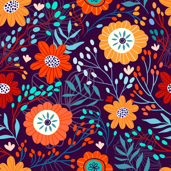 花や植物でシームレスな花のパターン — ストックベクタ
