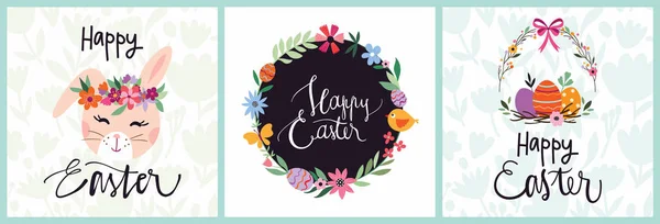 Frohe Ostern Grußkarten Kollektion Mit Kaninchen Und Blumenkranz — Stockvektor