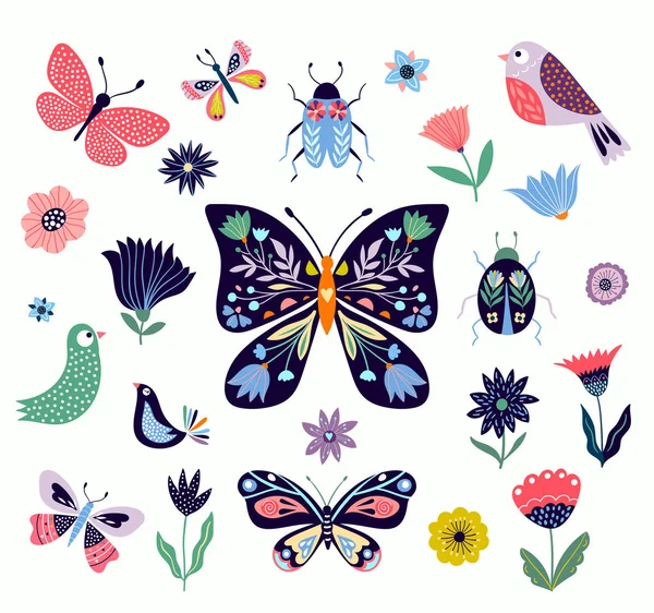 Colección de mariposas, pájaros y flores — Archivo Imágenes Vectoriales