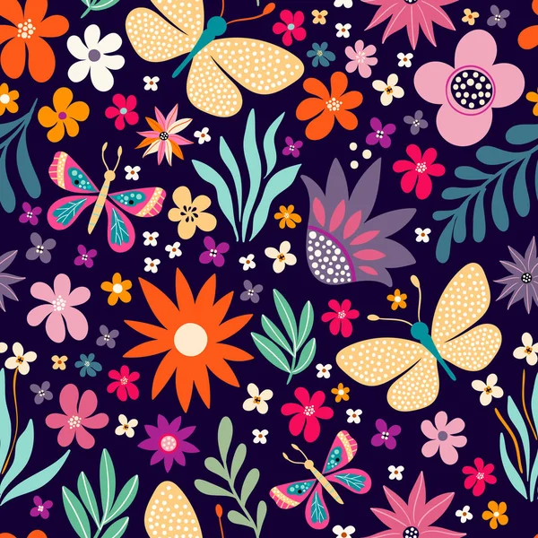 シームレスな花柄の花と蝶 — ストックベクタ