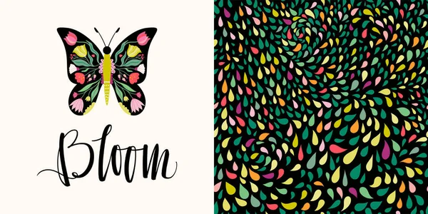 Schmetterlingskarte Design und dekorative nahtlose Muster — Stockvektor