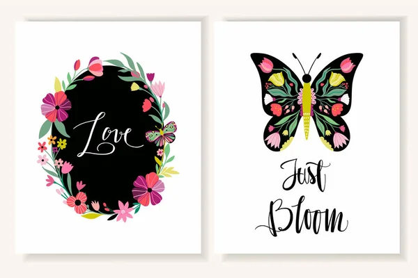 Blumen-Grußkarten / Einladungen Set mit dekorativem Schmetterling — Stockvektor