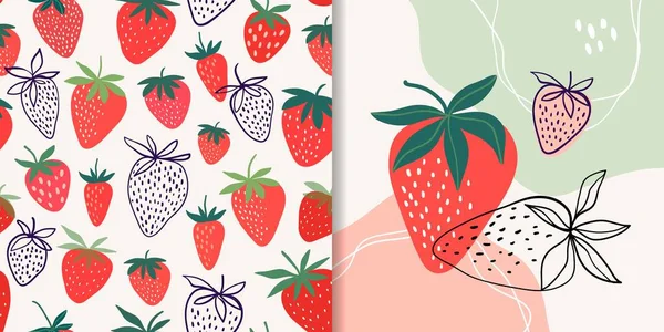 Collezione Strawberry Con Motivo Senza Cuciture Composizione Astratta Forme Scarabocchiate — Vettoriale Stock