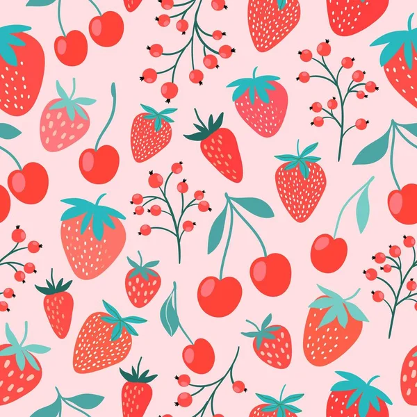 Dekorativní Bezešvý Vzor Ovocem Jahodami Třešněmi Rybízem — Stockový vektor