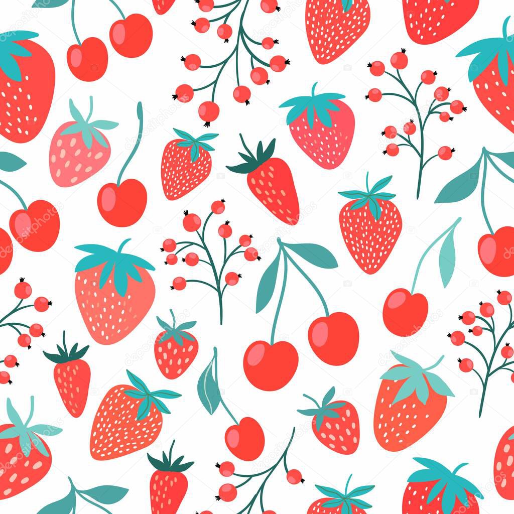 Decorative seamless pattern with fruits, strawberries, cherries and currants, white background