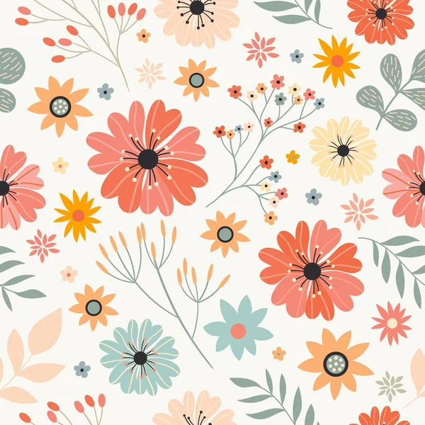 Sömlöst Mönster Med Olika Blommor Och Växter Pastellfärger — Stock vektor