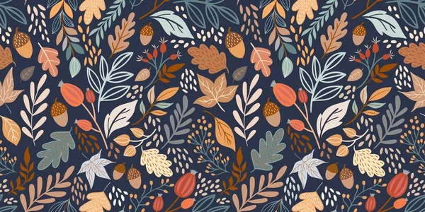 葉や植物が異なる秋のシームレスなパターン 季節の色 — ストックベクタ