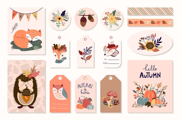 Etiquetas Outono Emblemas Ímãs Cartões Saudação Com Elementos Bonitos Desenho —  Vetores de Stock