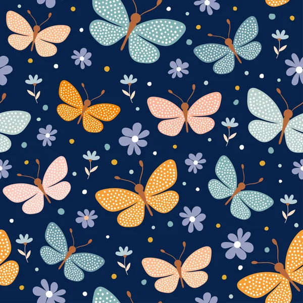 カラフルな蝶や花とシームレスなパターン — ストックベクタ
