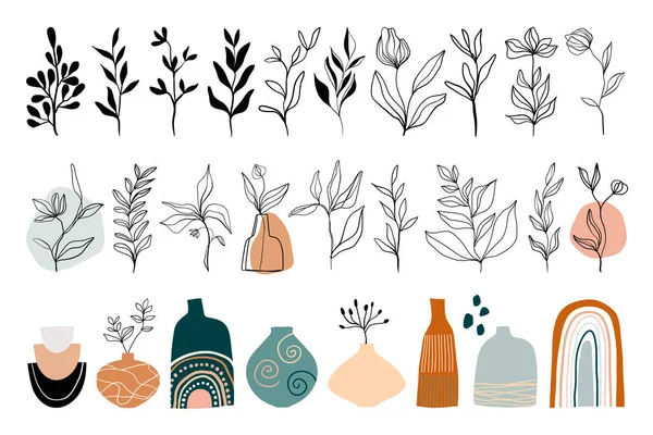 Abstrakt Line Art Collection Floral Elements Leaves Plants Vases Modern — Stockový vektor