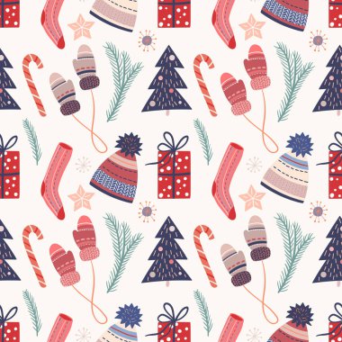 Şirin elementleri, rahat giysileri, şekerlemeleri, çam dalları ve hediye kutuları mevsimlik tasarımı olan kusursuz kış deseni.