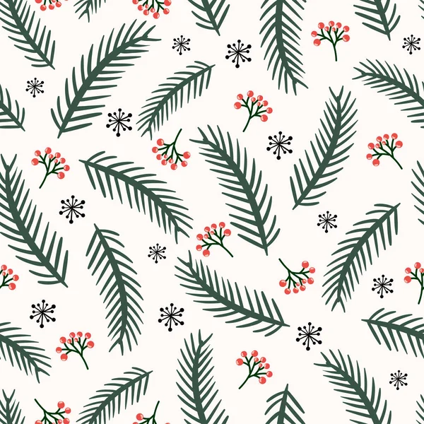 Christmas Seamless Pattern Pine Branches Berries Snowflakes Winter Design — Stock Vector