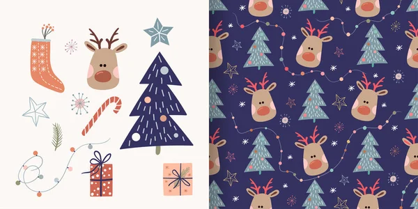 Ensemble Noël Avec Motif Sans Couture Mignons Éléments Hiver Design — Image vectorielle