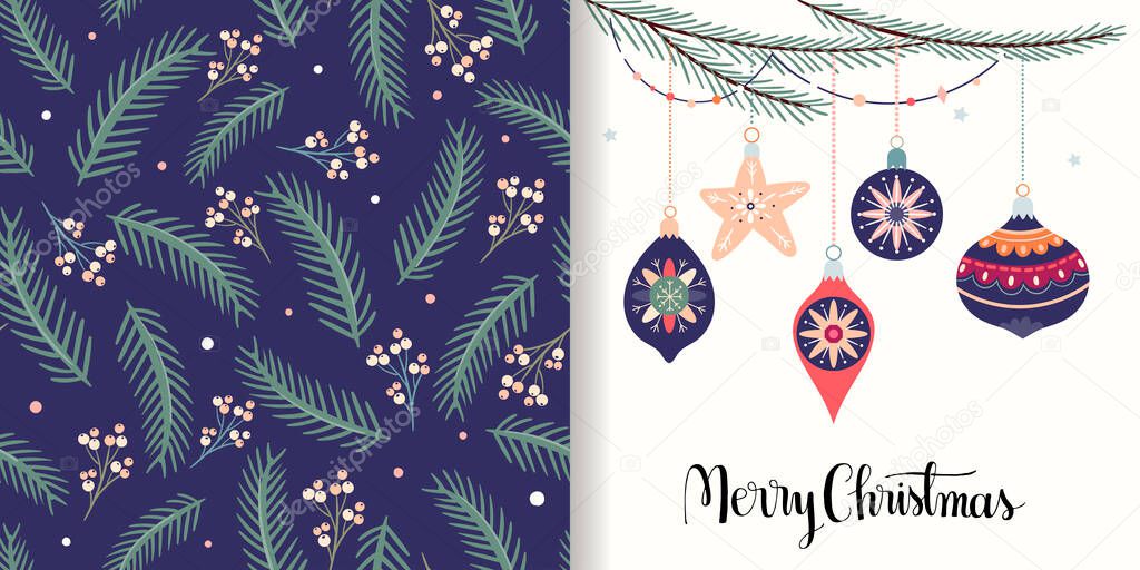 Christmas set with seamless pattern and greeting card, seasonal winter design
