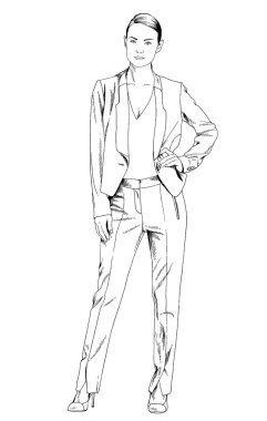 Açık renk ceketli güzel, ince bir kız beyaz arka planda mürekkeple çizilmiş.