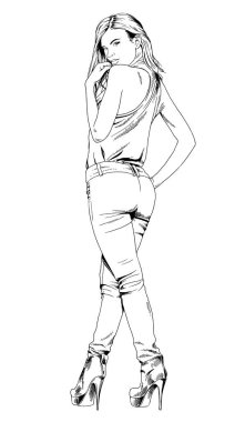 Beyaz bir arka plan üzerinde el ile mürekkeple çizilmiş ince sportif kız