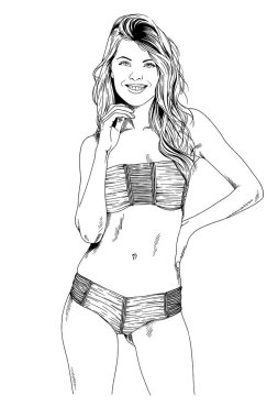 bir mayo mürekkeple beyaz bir arka plan üzerinde el ile çizilmiş bir zarif poz güzel ince kız