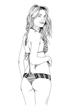 bir mayo mürekkeple beyaz bir arka plan üzerinde el ile çizilmiş bir zarif poz güzel ince kız