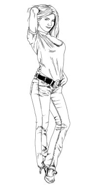 Açık renk ceketli güzel, ince bir kız beyaz arka planda mürekkeple çizilmiş.