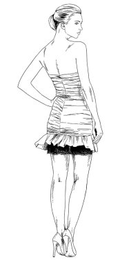 Mürekkeple elle çizilmiş açık renk ceketli güzel, ince bir kız.