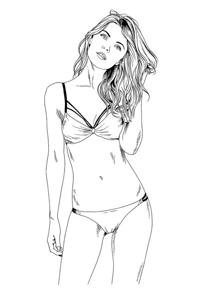 Hermosa Chica Delgada Traje Baño Una Pose Elegante Dibujado Tinta —  Fotos de Stock