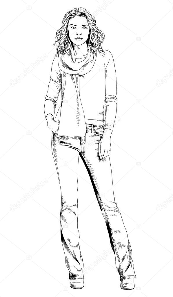 beautiful slender girl in a light coat drawn in ink by hand on a white background