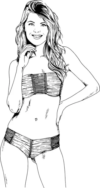 矢量画素描漂亮的女孩在性感的泳装在用墨水画的手 没有背景的对象 — 图库矢量图片