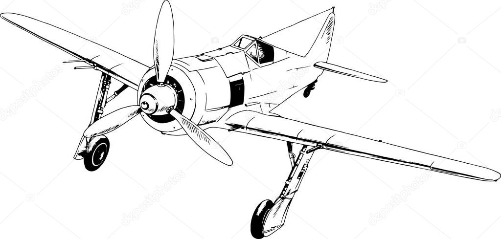 military fighter jet drawn in ink by hand in full growth on a white background