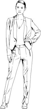 Mürekkeple elle çizilmiş açık renk ceketli güzel, ince bir kız.