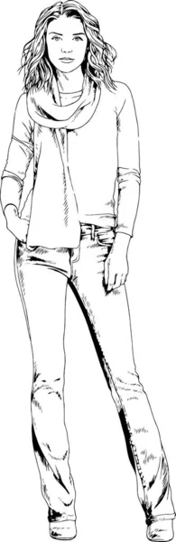 Açık renk ceketli güzel, ince bir kız beyaz arka planda mürekkeple çizilmiş.