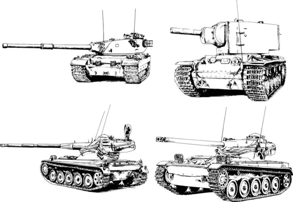 Kraftfull Tank Med Pistol Dragen Bläck Frihand Skiss — Stock vektor