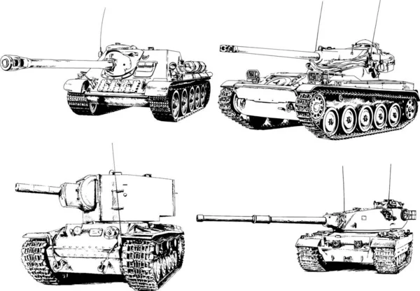 Kraftfull Tank Med Pistol Dragen Bläck Frihand Skiss — Stock vektor