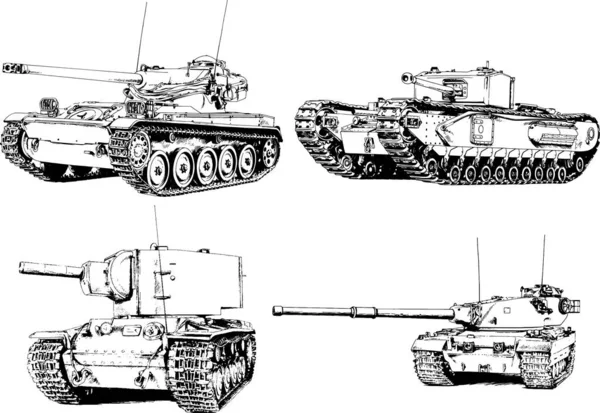 Kraftfull Tank Med Pistol Dragen Bläck Frihand Skiss — Stock vektor