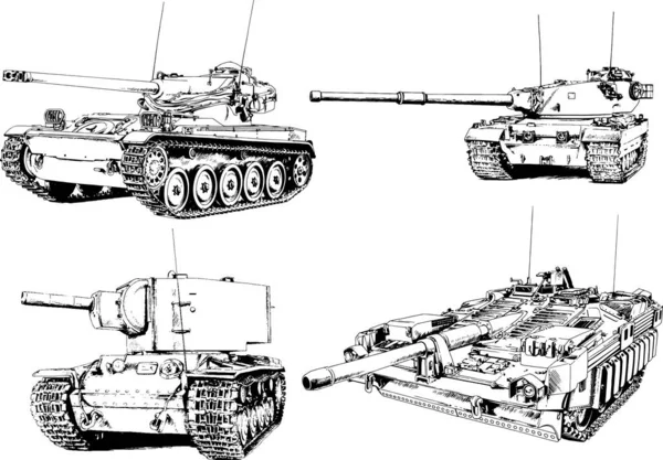 Krachtige Tank Met Een Pistool Getrokken Inkt Vrije Hand Schets — Stockvector