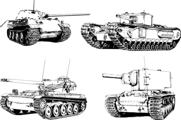 Mächtiger Panzer Mit Einer Tusche Gezeichneten Freihand Skizze — Stockvektor