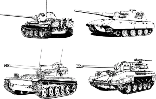 Kraftfull Tank Med Pistol Dragen Bläck Frihand Skiss — Stock vektor