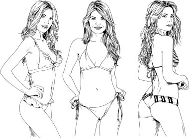 Çeşitli pozlarda gündelik giysiler içinde, arka plan olmadan boyanmış mürekkepli el çizimi yapan güzel, ince, sportif kız teması üzerine vektör çizimleri.