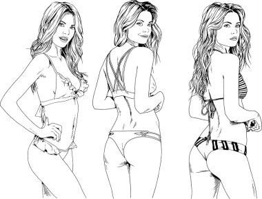 Çeşitli pozlarda gündelik giysiler içinde, arka plan olmadan boyanmış mürekkepli el çizimi yapan güzel, ince, sportif kız teması üzerine vektör çizimleri.