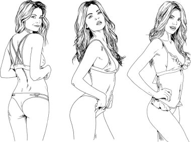 Çeşitli pozlarda gündelik giysiler içinde, arka plan olmadan boyanmış mürekkepli el çizimi yapan güzel, ince, sportif kız teması üzerine vektör çizimleri.