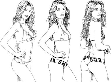 Çeşitli pozlarda gündelik giysiler içinde, arka plan olmadan boyanmış mürekkepli el çizimi yapan güzel, ince, sportif kız teması üzerine vektör çizimleri.