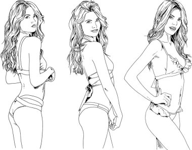 Çeşitli pozlarda gündelik giysiler içinde, arka plan olmadan boyanmış mürekkepli el çizimi yapan güzel, ince, sportif kız teması üzerine vektör çizimleri.