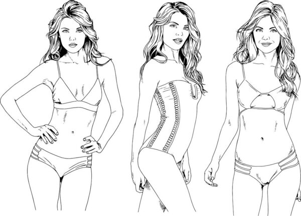 красивая блондинка в купальнике, нарисованная тушью от руки
