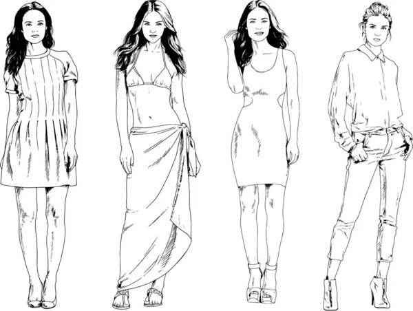 Bella Ragazza Magra Abiti Casual Disegnato Con Inchiostro Mano Uno — Vettoriale Stock