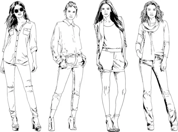 Desenhos Vetoriais Sobre Tema Menina Desportiva Magro Bonita Roupas Casuais —  Vetores de Stock