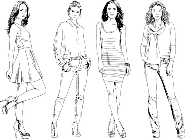 Vector Drawings Theme Beautiful Slim Sporty Girl Casual Clothes Various — Stock Vector