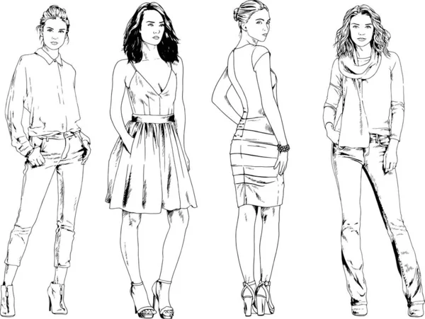 Desenhos Vetoriais Sobre Tema Menina Desportiva Magro Bonita Roupas Casuais — Vetor de Stock