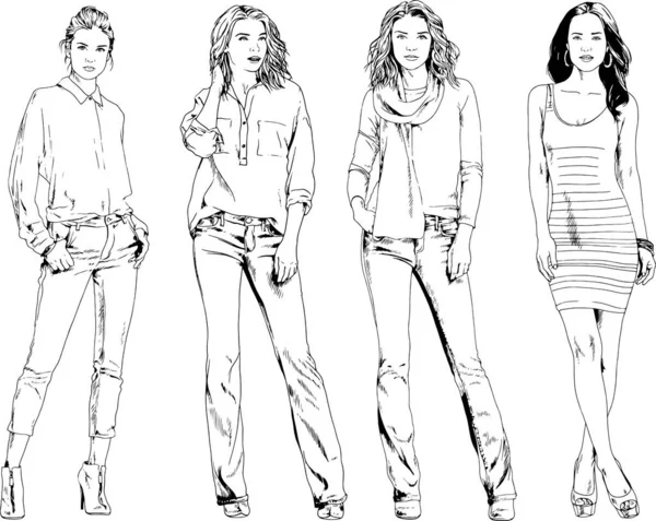 Desenhos Vetoriais Sobre Tema Menina Desportiva Magro Bonita Roupas Casuais — Vetor de Stock