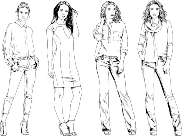 Dibujos Vectoriales Sobre Tema Hermosa Chica Deportiva Delgada Ropa Casual — Vector de stock