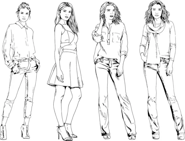 Desenhos Vetoriais Sobre Tema Menina Desportiva Magro Bonita Roupas Casuais —  Vetores de Stock