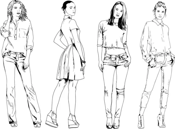 Krásná Štíhlá Dívka Ležérní Oblečení Kreslené Inkoustem Rukou Bílém Pozadí — Stockový vektor